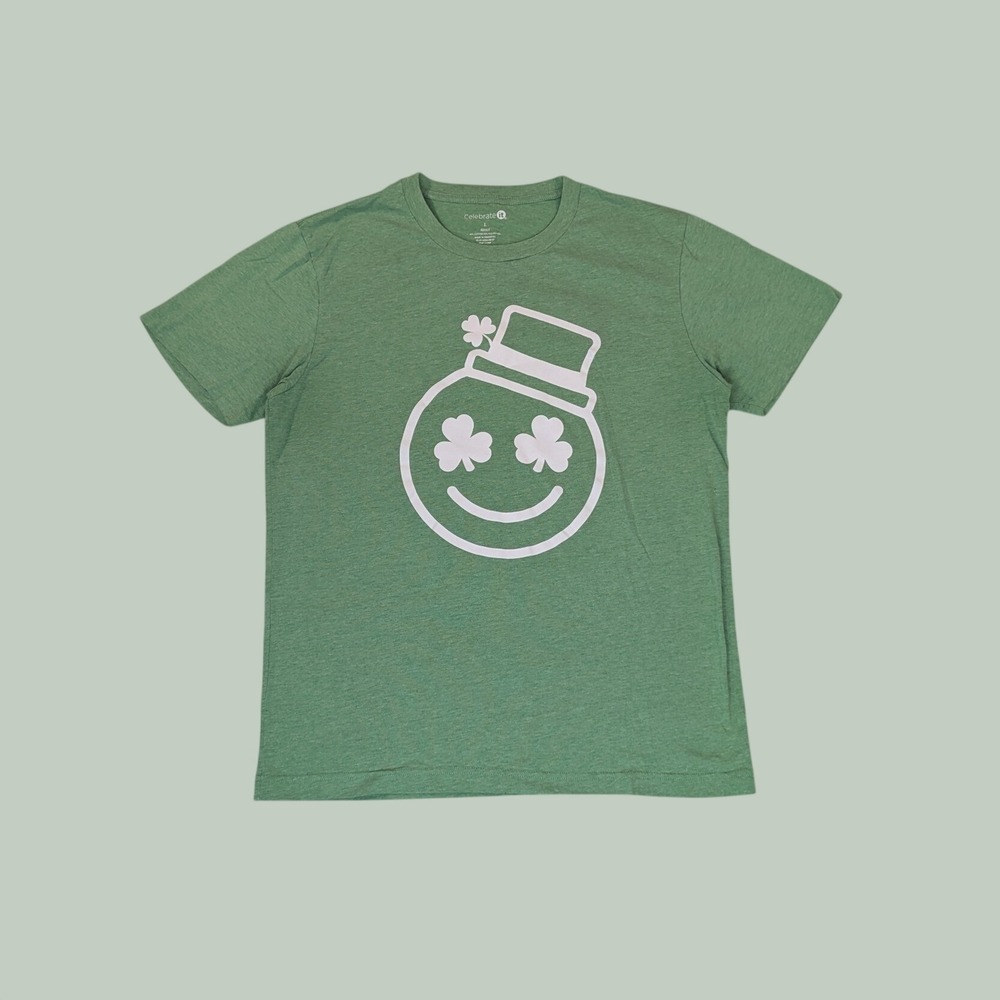 Celebrate It St Patricks Day Shirt L Green Shamrock Smiley Face Graphic Tee